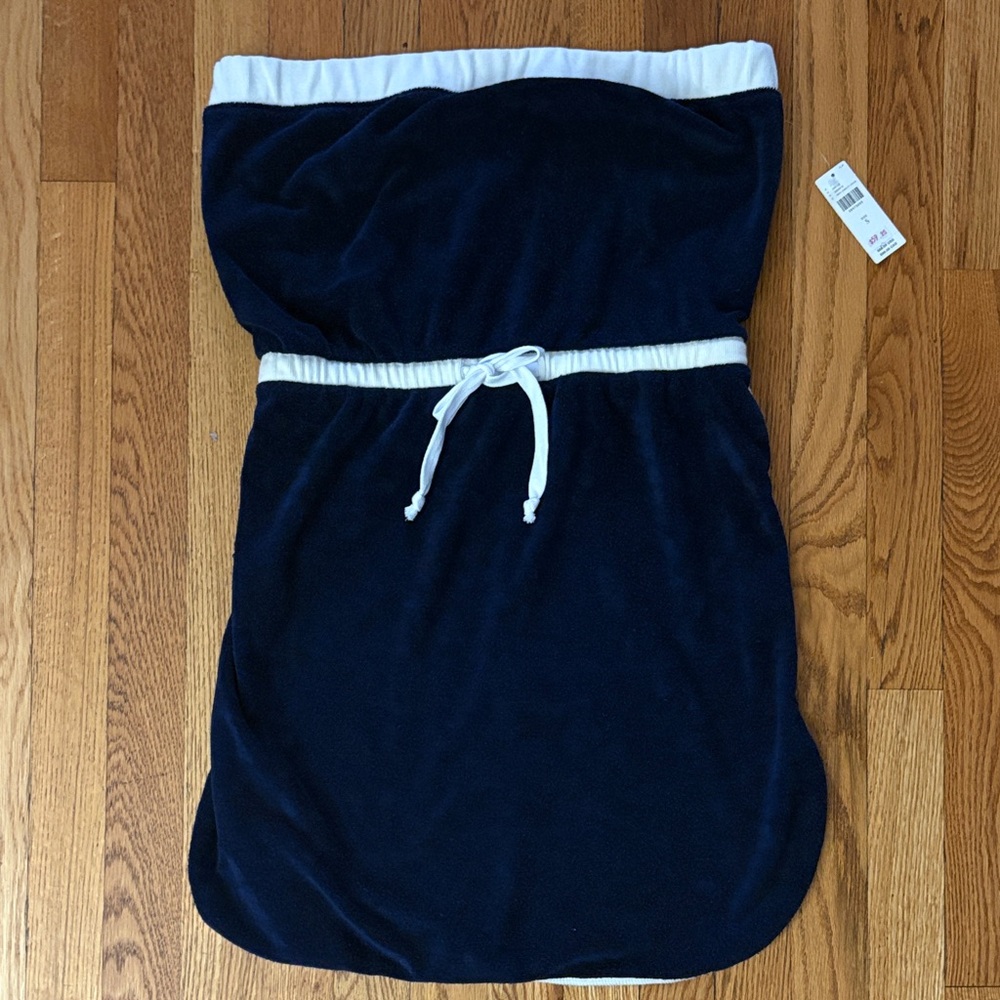 Navy Blue Strapless Dress with White Trim